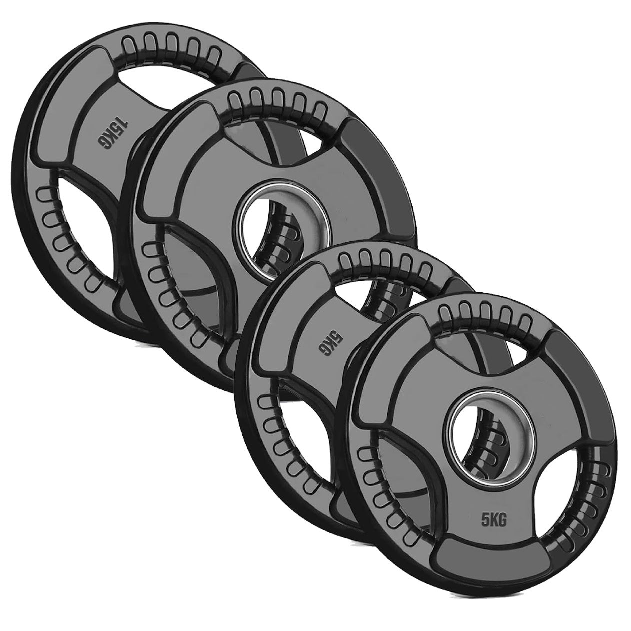 Olympic Weight Plates with Tri-Grip – Cast Iron Core, Black Rubber Coating, 2” Center Hole, Ergonomic Design for Home Gym Strength Workouts