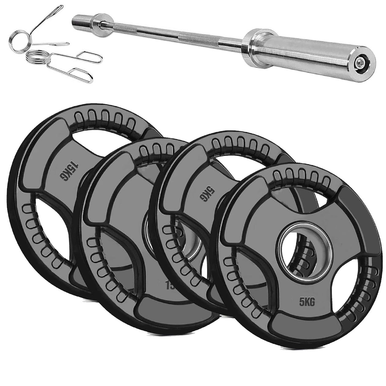 Olympic Weight Plates with Tri-Grip – Cast Iron Core, Black Rubber Coating, 2” Center Hole, Ergonomic Design for Home Gym Strength Workouts