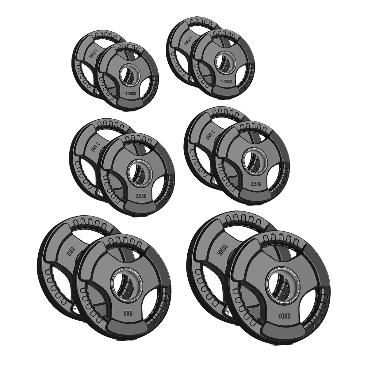 Olympic Weight Plates with Tri-Grip – Cast Iron Core, Black Rubber Coating, 2” Center Hole, Ergonomic Design for Home Gym Strength Workouts