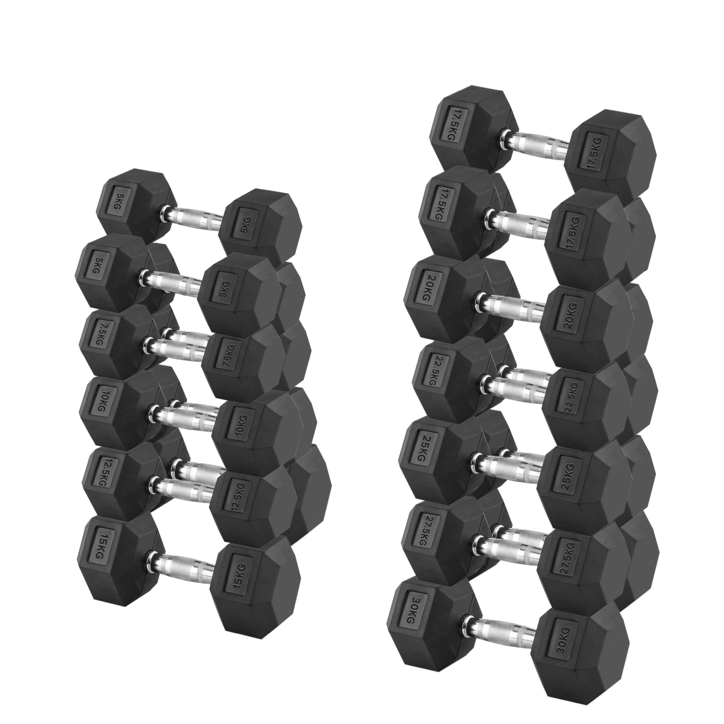 Full 11-Pair Hex Dumbbell Set 2.5kg–30kg with Optional 3-Tier Rack – Rubber-Coated Anti-Roll Weights and Ergonomic Handles for Home and Studio Strength Training