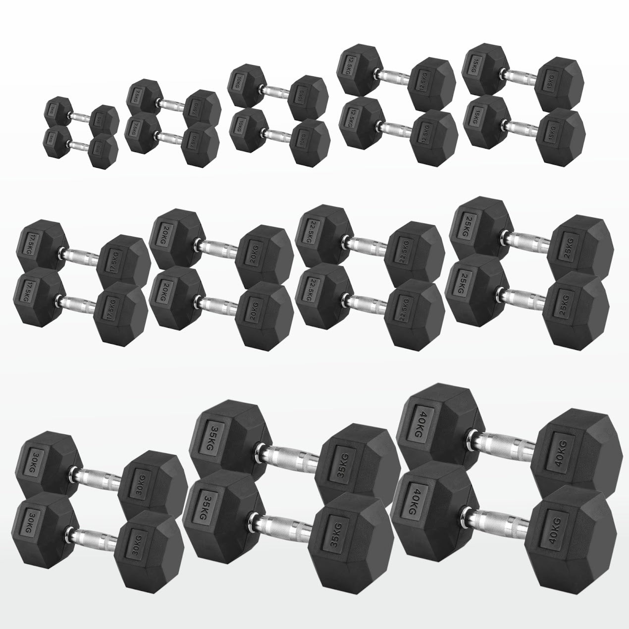 Hex Dumbbells 2.5 kg–60 kg Pairs & Sets – Rubber‑Coated Anti‑Roll Weights with Knurled Chrome Handles – Complete Strength Training Range for Home & Studio Gym
