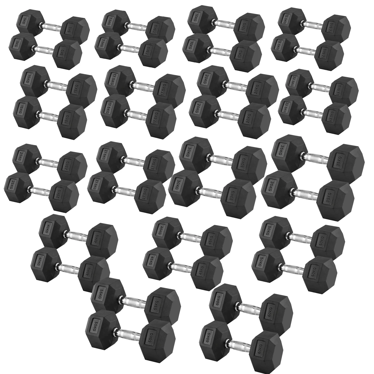 Hex Dumbbells 2.5 kg–60 kg Pairs & Sets – Rubber‑Coated Anti‑Roll Weights with Knurled Chrome Handles – Complete Strength Training Range for Home & Studio Gym