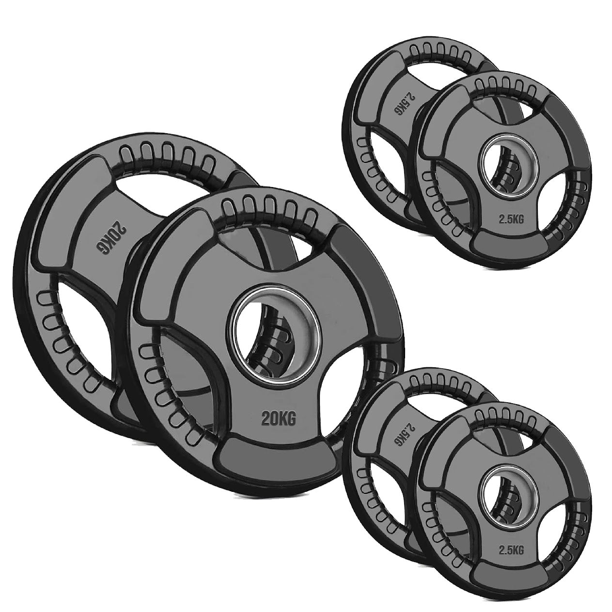 Olympic Weight Plates with Tri-Grip – Cast Iron Core, Black Rubber Coating, 2” Center Hole, Ergonomic Design for Home Gym Strength Workouts