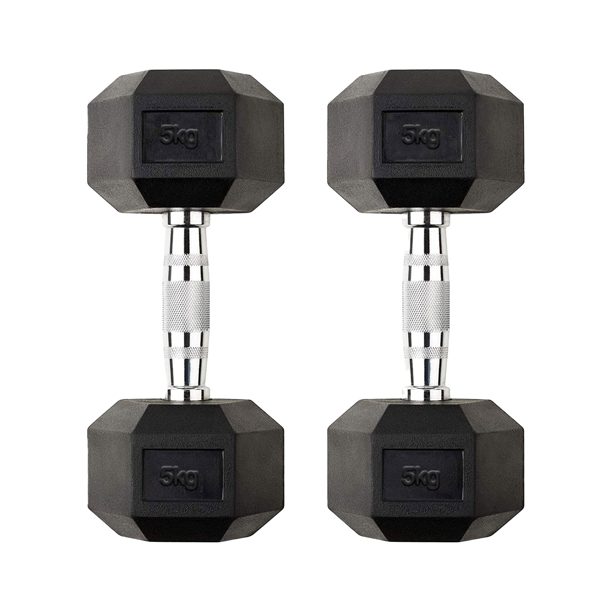 Rubber Coated Hex Dumbbell Pair of 5 kg – Anti Roll Cast Iron Heads, Knurled Chrome Handles – Perfect for Toning & Strength Training in Home Gyms