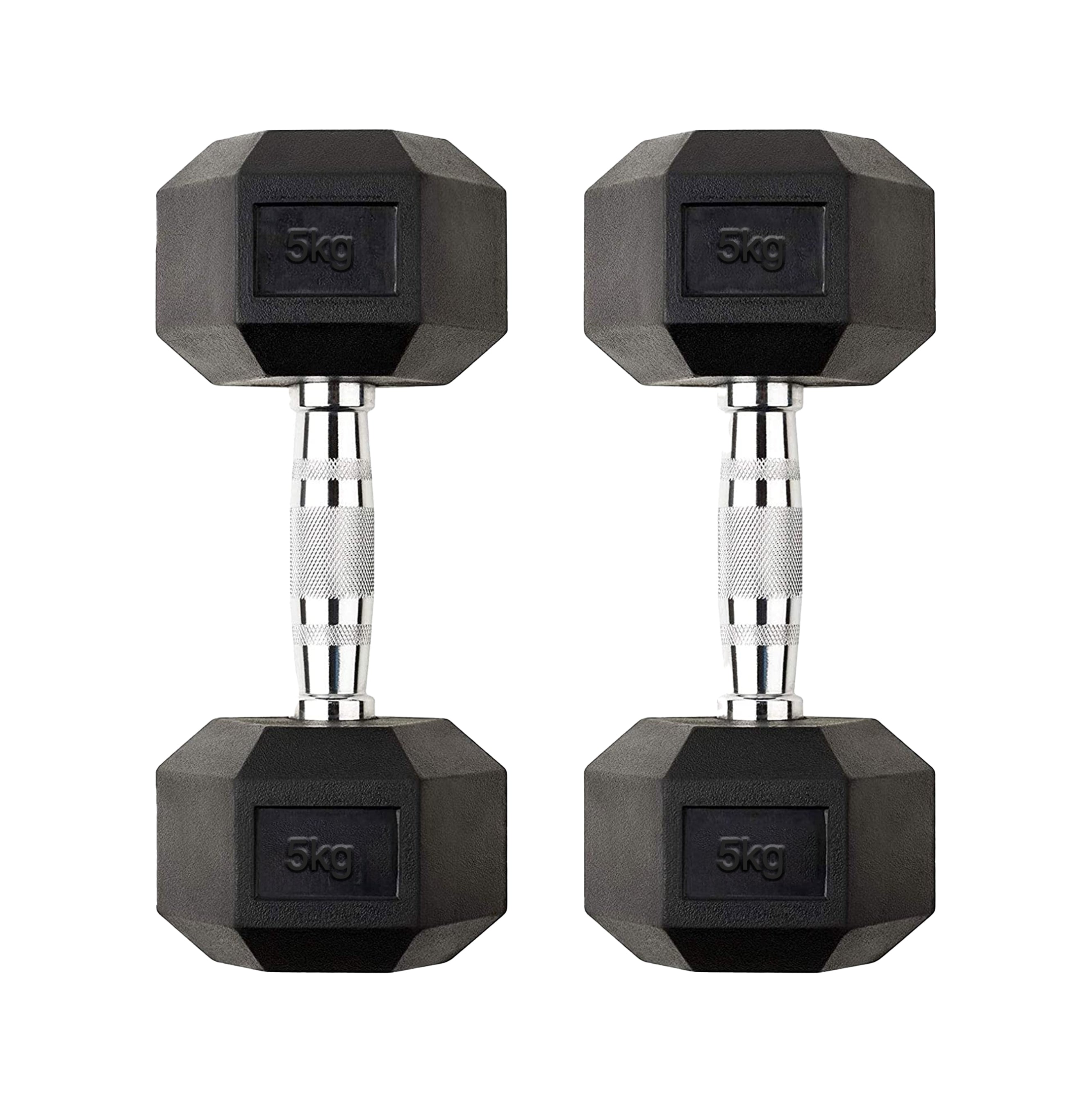Rubber Coated Hex Dumbbell Pair of 5 kg – Anti Roll Cast Iron Heads, Knurled Chrome Handles – Perfect for Toning & Strength Training in Home Gyms