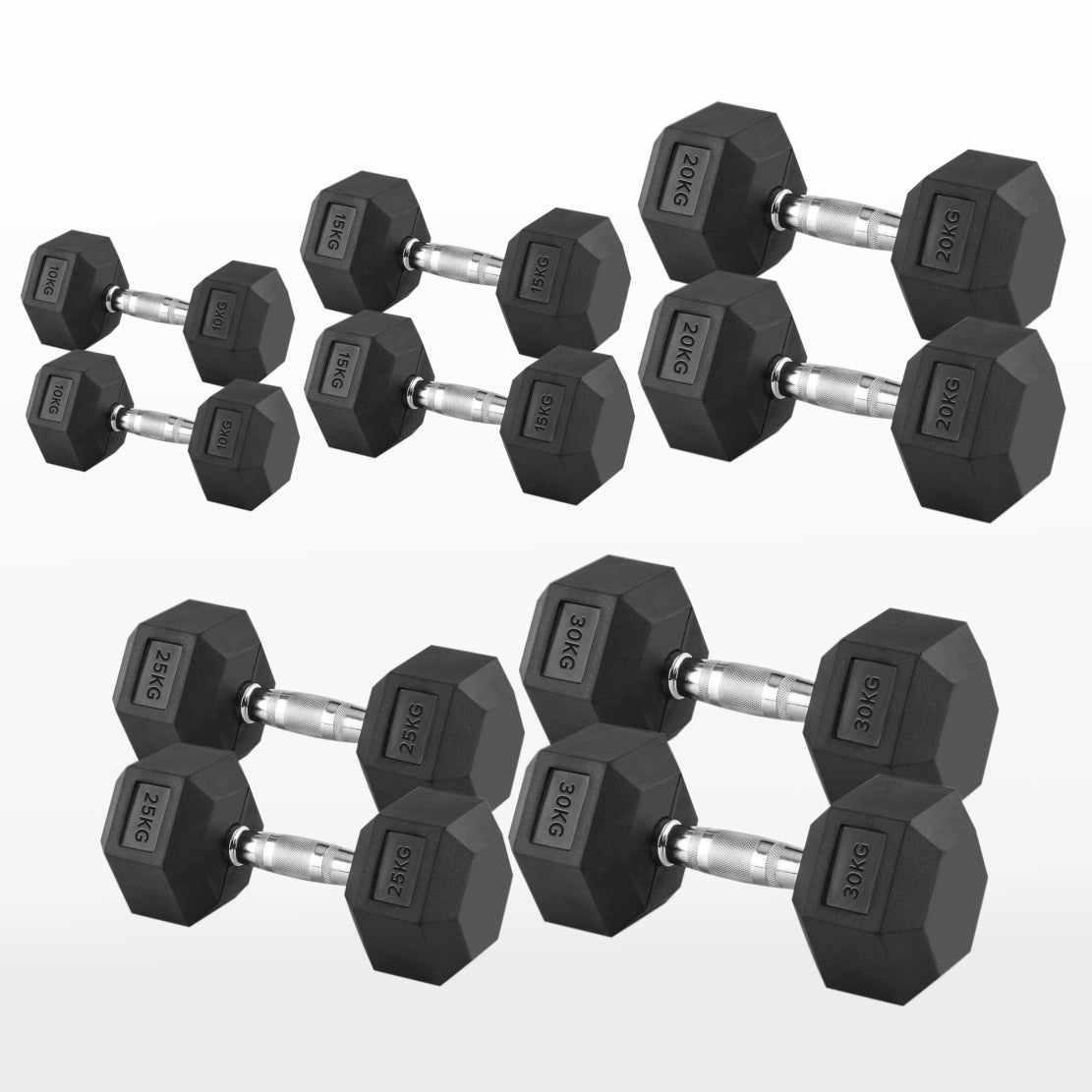 Hex Dumbbells 2.5 kg–60 kg Pairs & Sets – Rubber‑Coated Anti‑Roll Weights with Knurled Chrome Handles – Complete Strength Training Range for Home & Studio Gym