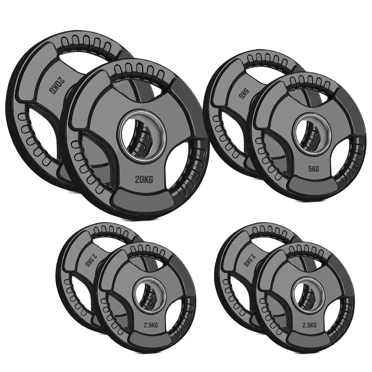 Olympic Weight Plates with Tri-Grip – Cast Iron Core, Black Rubber Coating, 2” Center Hole, Ergonomic Design for Home Gym Strength Workouts