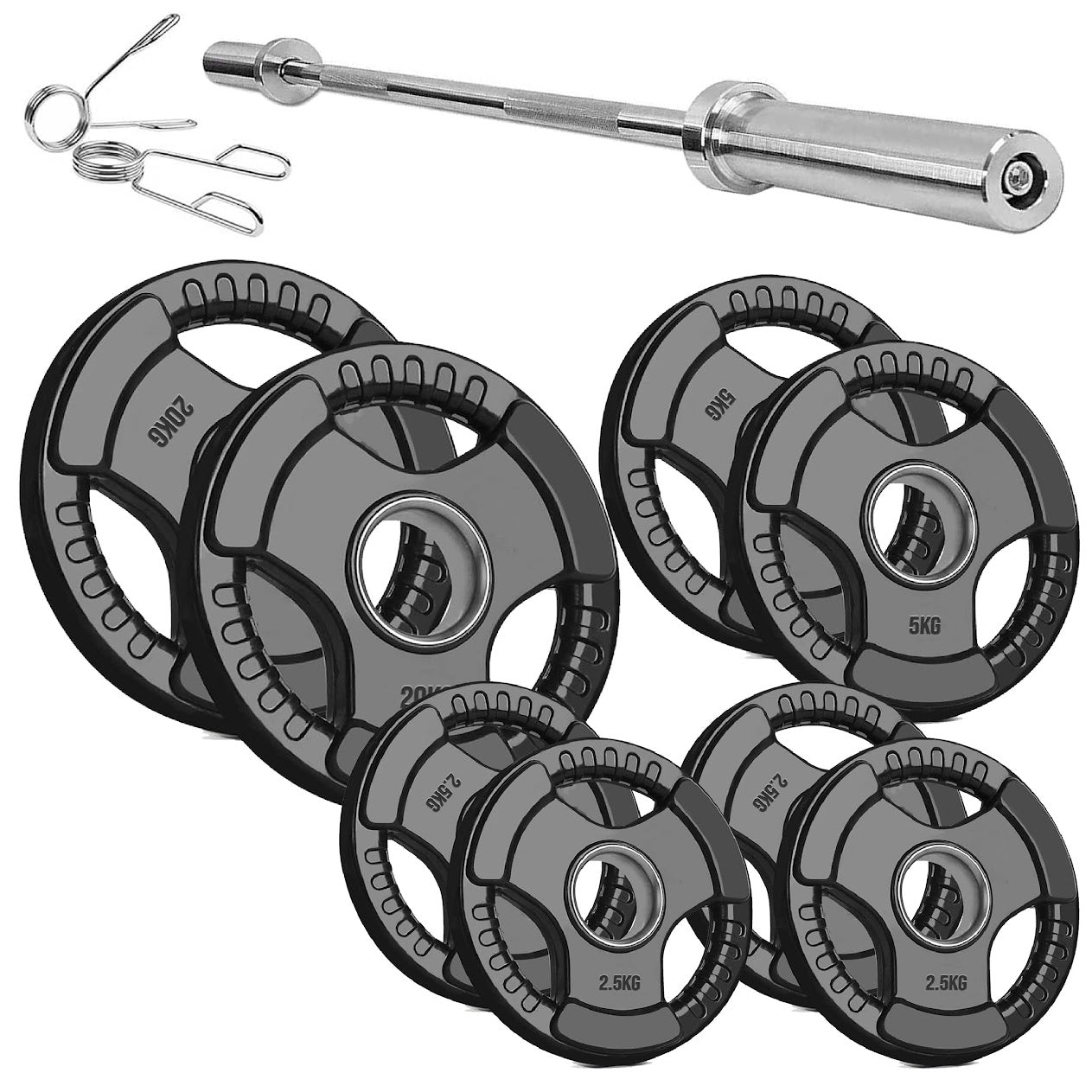 Olympic Weight Plates with Tri-Grip – Cast Iron Core, Black Rubber Coating, 2” Center Hole, Ergonomic Design for Home Gym Strength Workouts