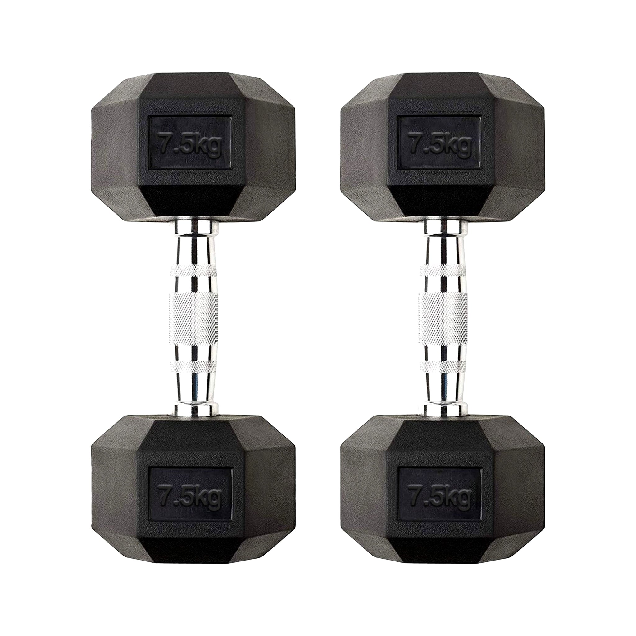 7.5kg Rubber Coated Cast Iron Hex Dumbbell Pair – Chrome Knurled Handles – Anti Roll Free Weights for Full Body Home Strength Workouts
