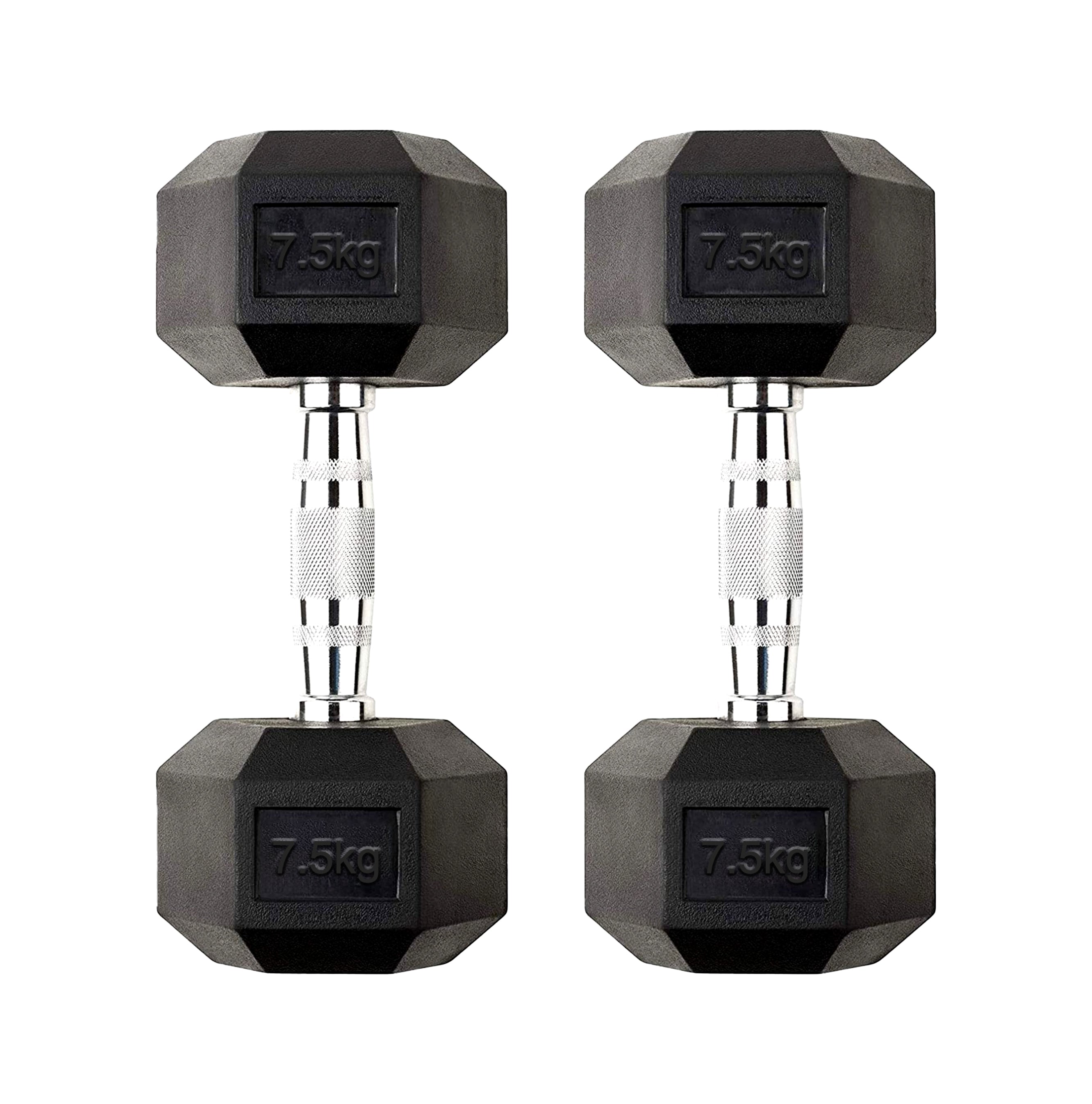 7.5kg Rubber Coated Cast Iron Hex Dumbbell Pair – Chrome Knurled Handles – Anti Roll Free Weights for Full Body Home Strength Workouts