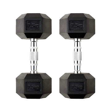 7.5kg Rubber Coated Cast Iron Hex Dumbbell Pair – Chrome Knurled Handles – Anti Roll Free Weights for Full Body Home Strength Workouts