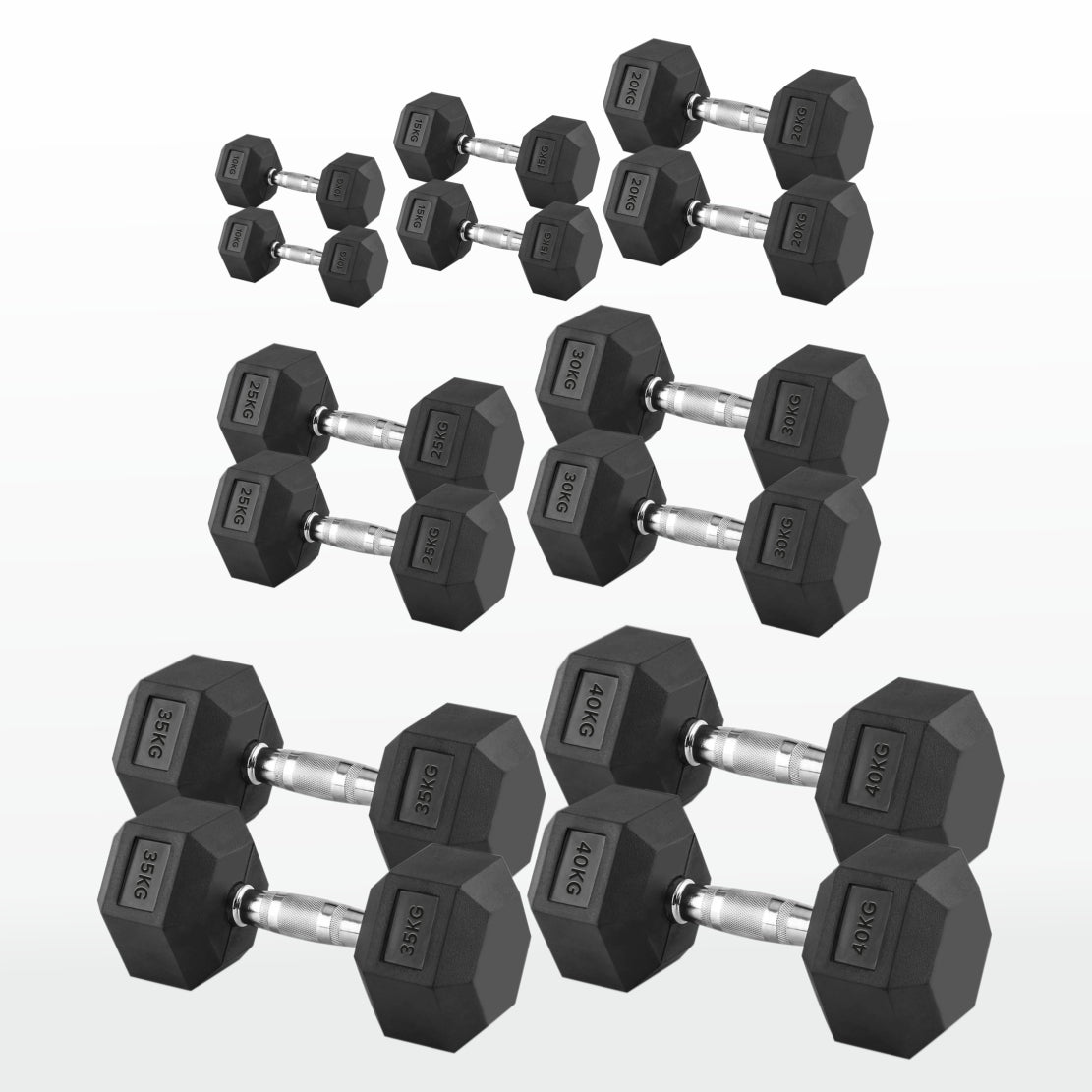 Hex Dumbbells 2.5 kg–60 kg Pairs & Sets – Rubber‑Coated Anti‑Roll Weights with Knurled Chrome Handles – Complete Strength Training Range for Home & Studio Gym