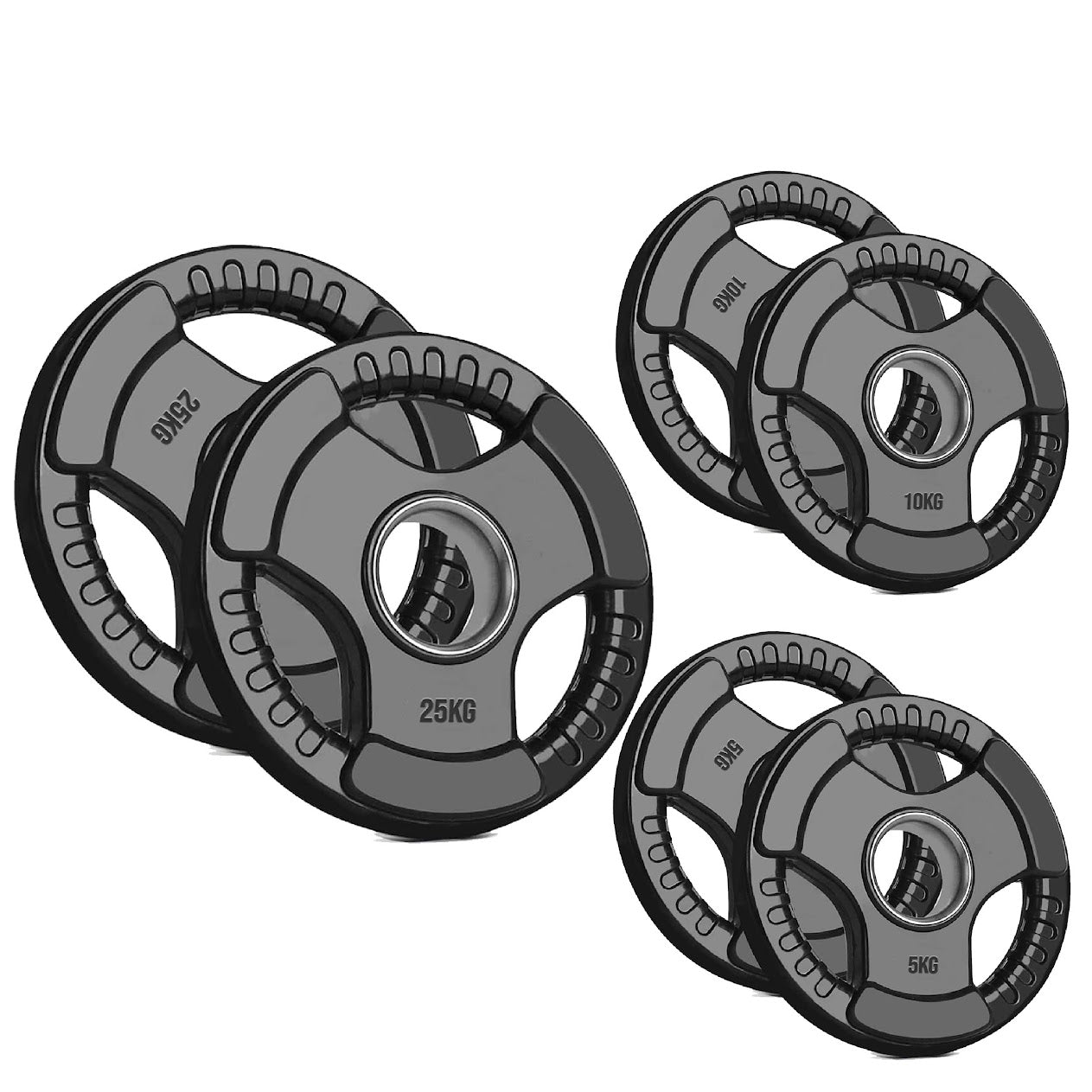 Olympic Weight Plates with Tri-Grip – Cast Iron Core, Black Rubber Coating, 2” Center Hole, Ergonomic Design for Home Gym Strength Workouts