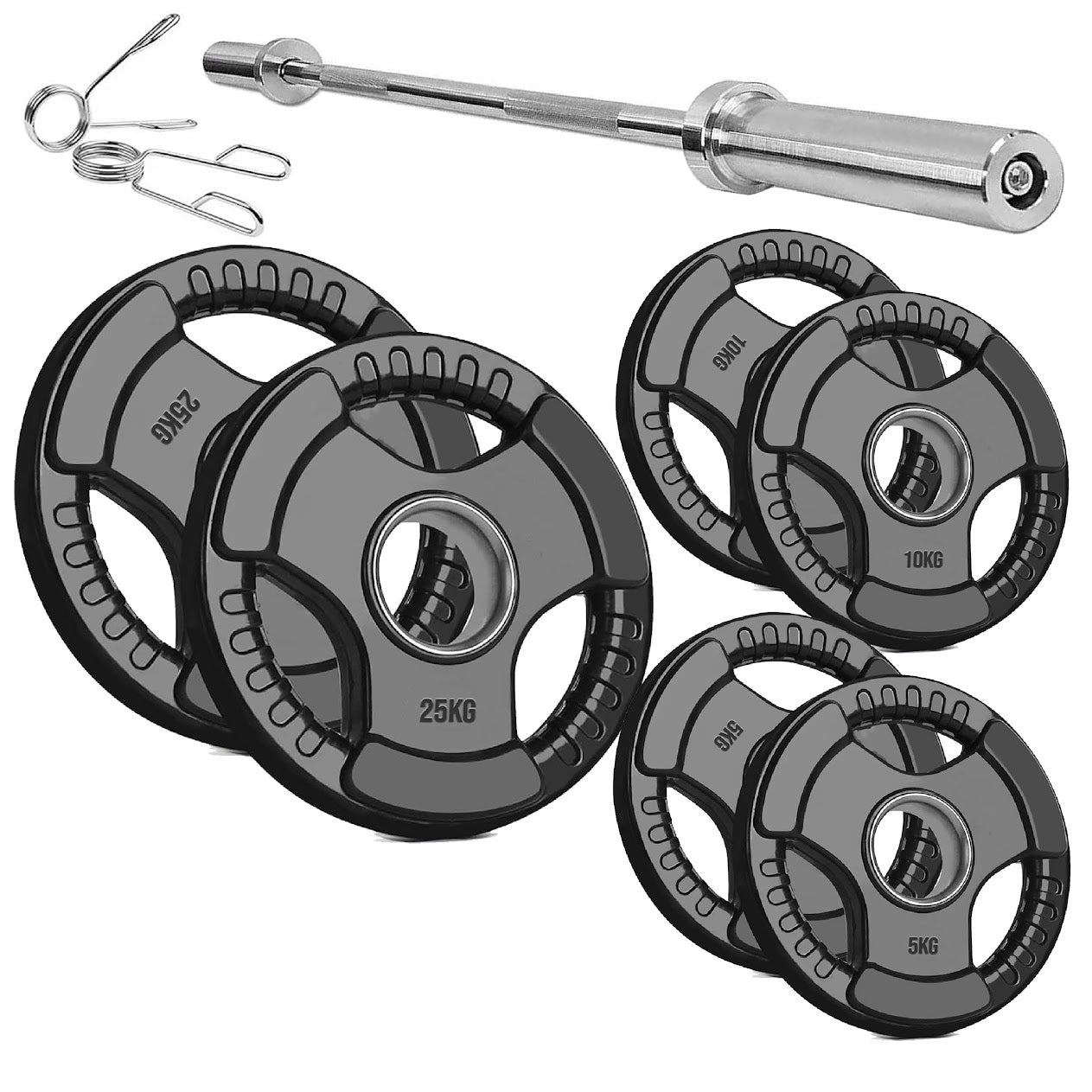 Olympic Weight Plates with Tri-Grip – Cast Iron Core, Black Rubber Coating, 2” Center Hole, Ergonomic Design for Home Gym Strength Workouts