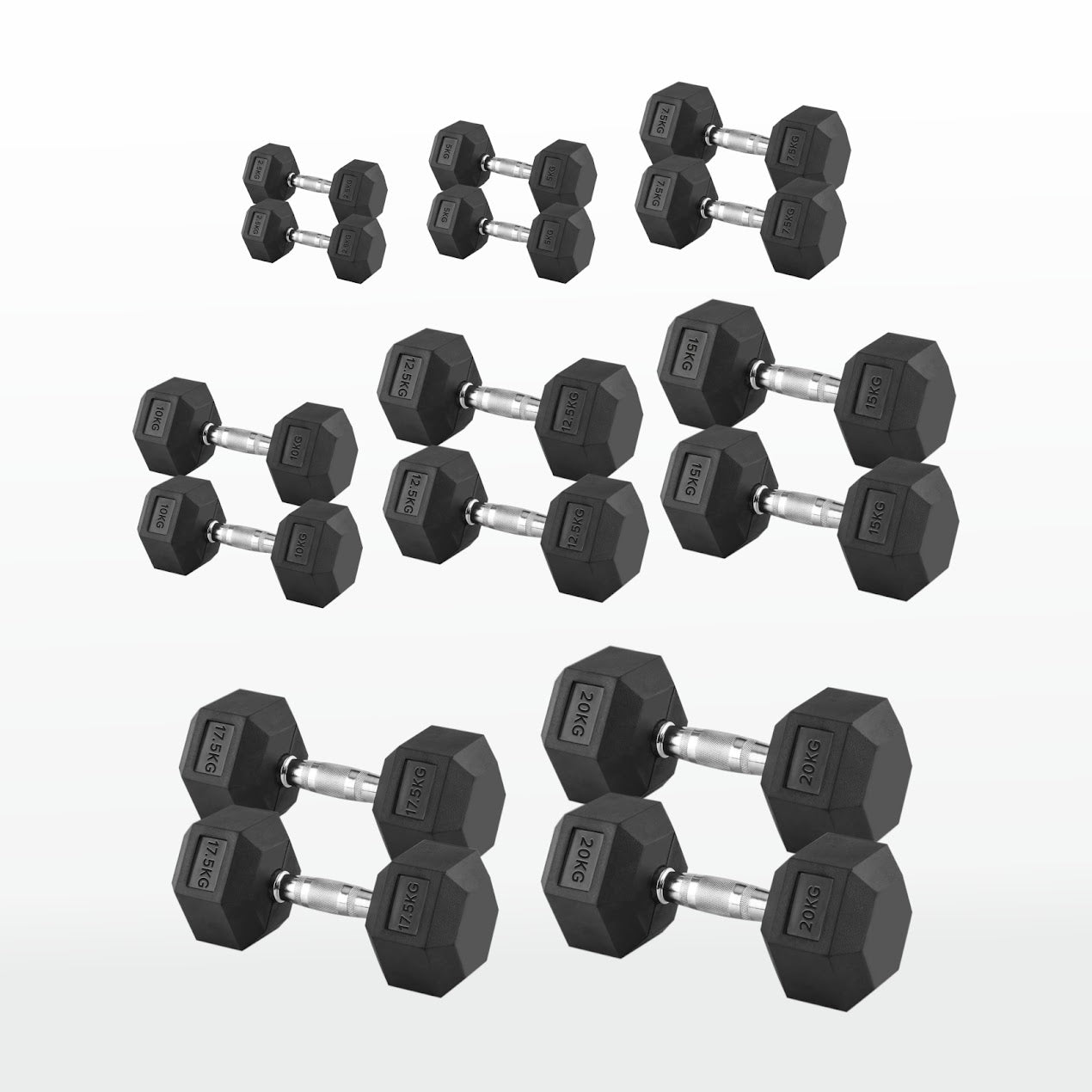 Hex Dumbbells 2.5 kg–60 kg Pairs & Sets – Rubber‑Coated Anti‑Roll Weights with Knurled Chrome Handles – Complete Strength Training Range for Home & Studio Gym