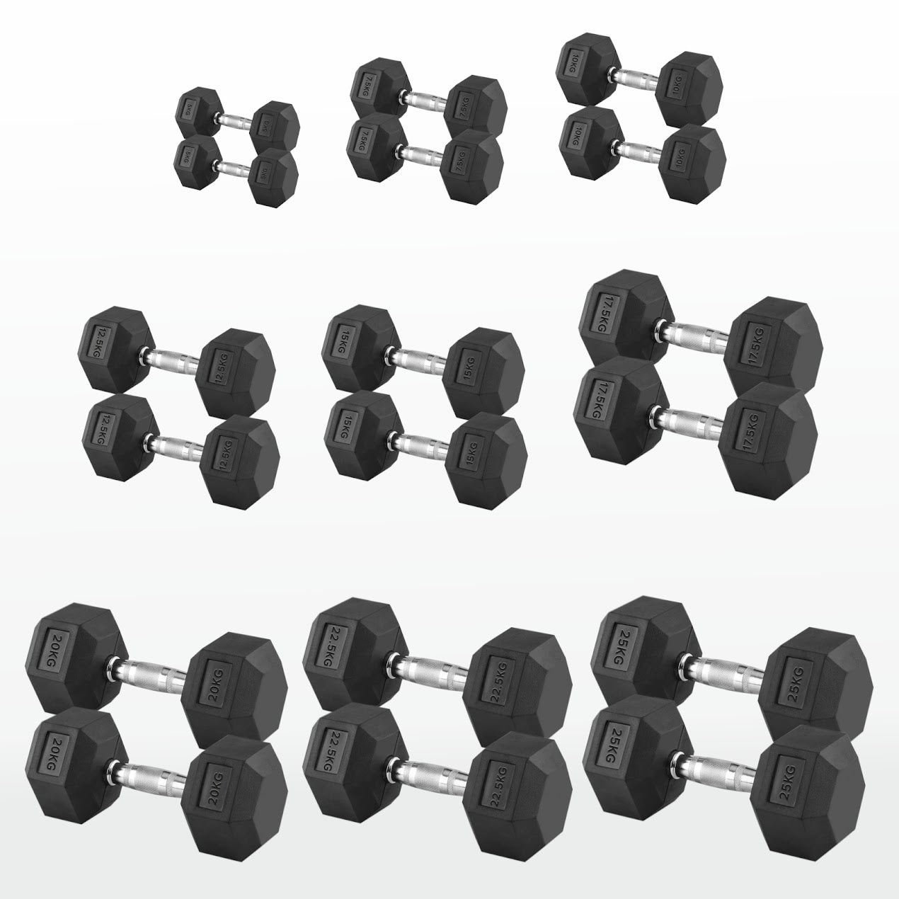 Hex Dumbbells 2.5 kg–60 kg Pairs & Sets – Rubber‑Coated Anti‑Roll Weights with Knurled Chrome Handles – Complete Strength Training Range for Home & Studio Gym