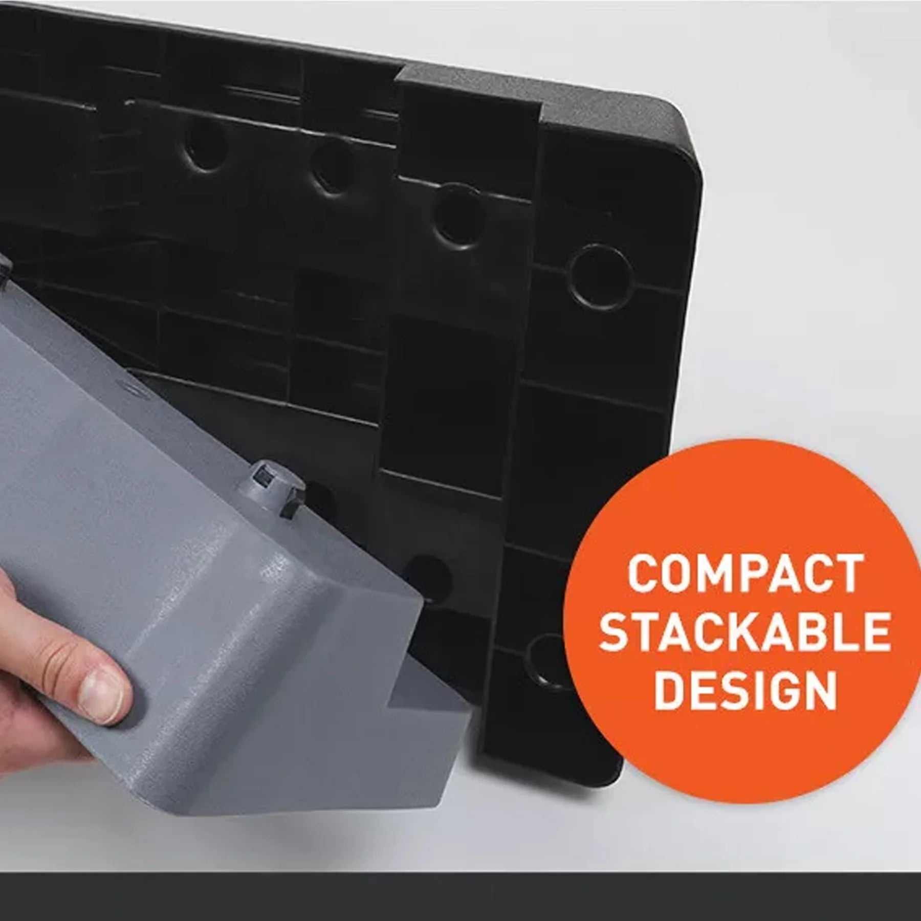 Compact stackable design with black and gray plastic components on a white background
