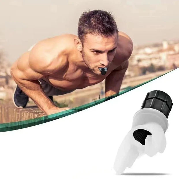 Man doing push-ups with a white and black fitness device on a cityscape background