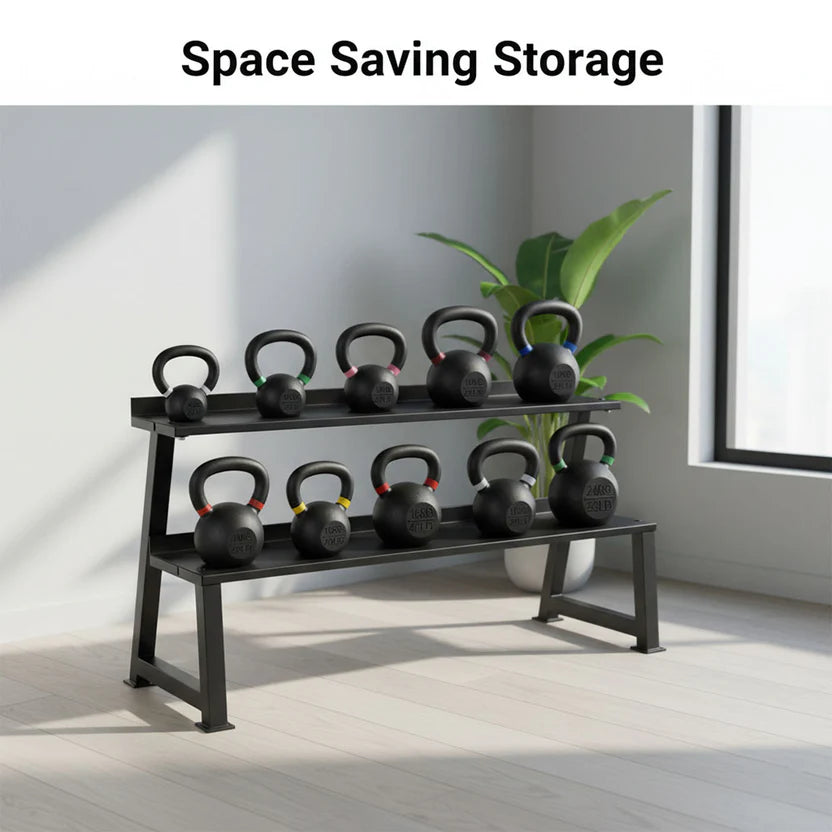 Kettlebell storage rack with kettlebells in a room with a plant and window.