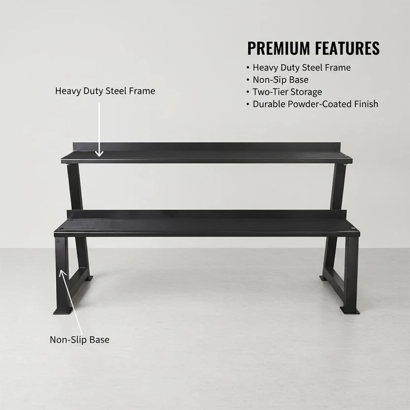Black metal bench with two shelves on a white background