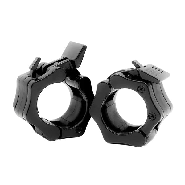 Two red metal clamps on a white background