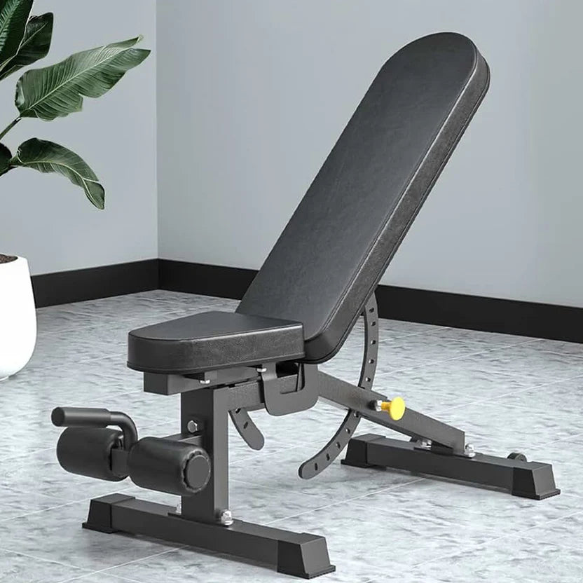 Black adjustable weight bench on a white background