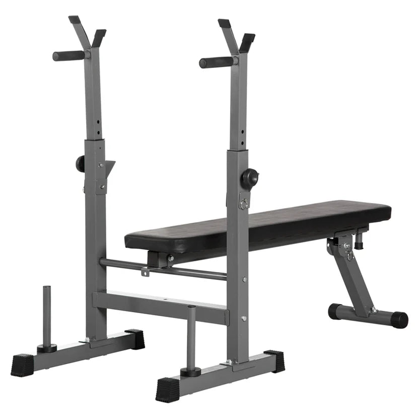 Weight bench with adjustable seat and barbell stands on a white background