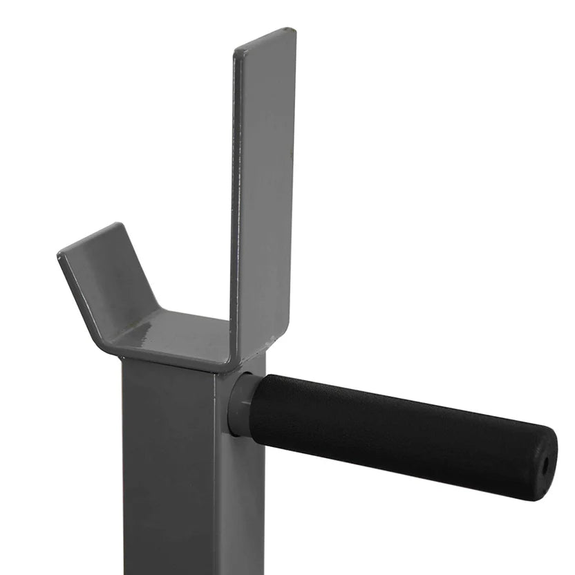 Metal door handle with black grip on a white background