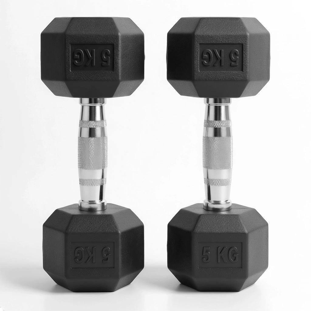 Pair of black hexagonal dumbbells with 2.5 kg marking on a white background