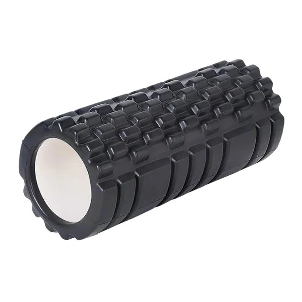 Black textured foam roller on a white background