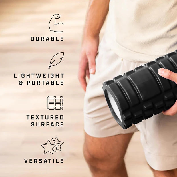Person holding a black foam roller with text highlighting features on a beige background