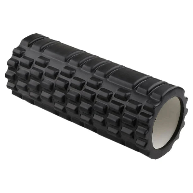 Black textured foam roller on a white background