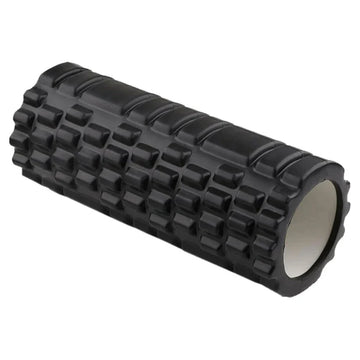 Black textured foam roller on a white background