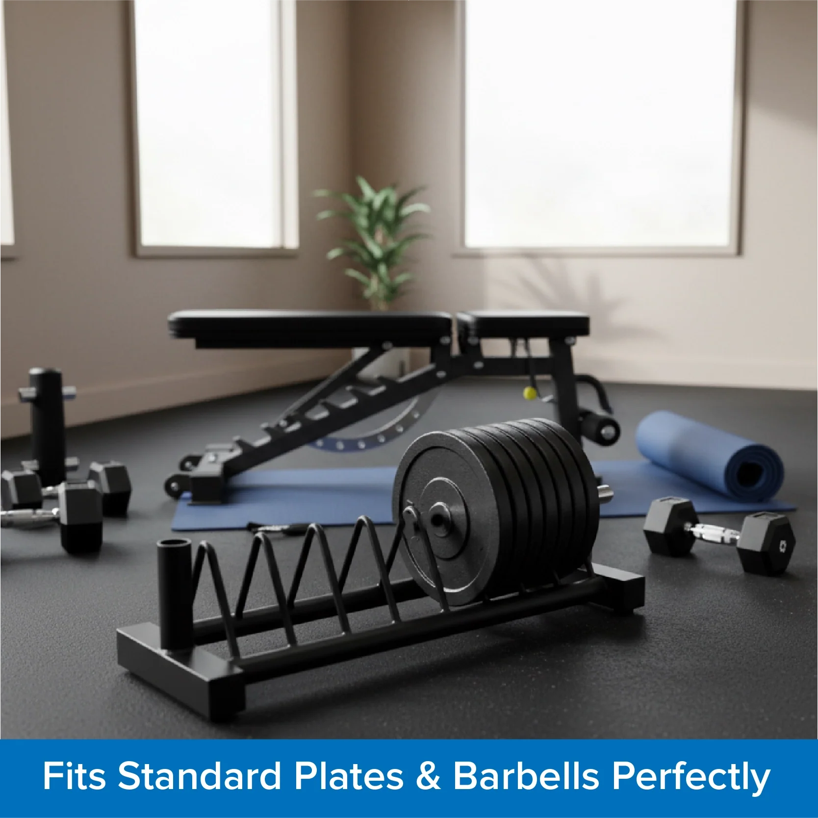 Horizontal Weight Plate Rack – Heavy-Duty Steel Storage for Olympic & Standard Plates with Barbell Holders, Portable Home Gym Organizer with Wheels