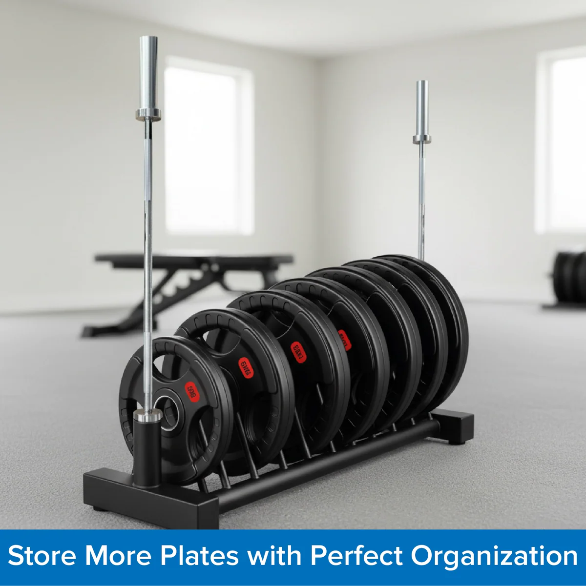 Horizontal Weight Plate Rack – Heavy-Duty Steel Storage for Olympic & Standard Plates with Barbell Holders, Portable Home Gym Organizer with Wheels