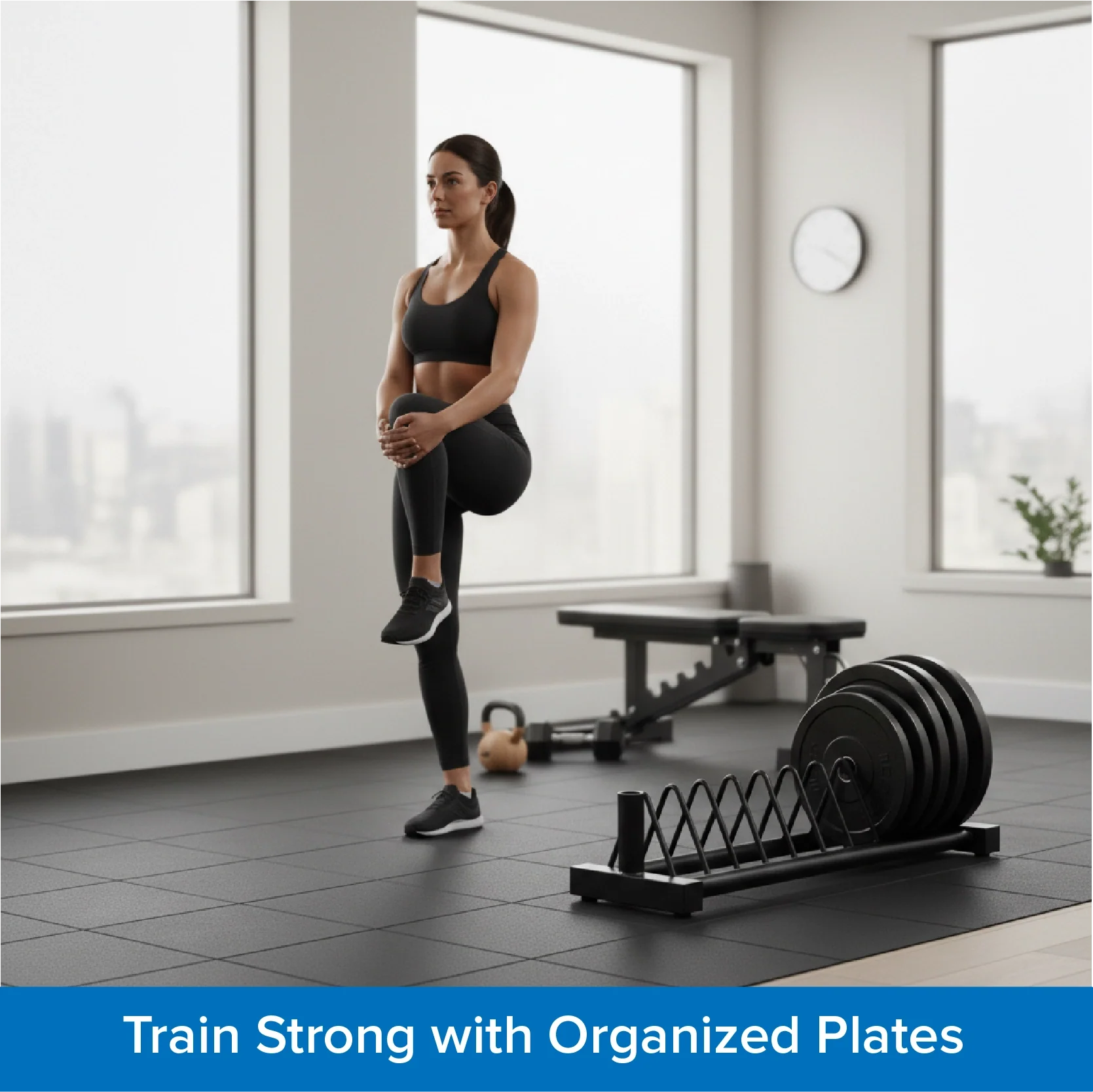 Horizontal Weight Plate Rack – Heavy-Duty Steel Storage for Olympic & Standard Plates with Barbell Holders, Portable Home Gym Organizer with Wheels