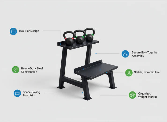 Black weight bench with kettlebell storage on a white background