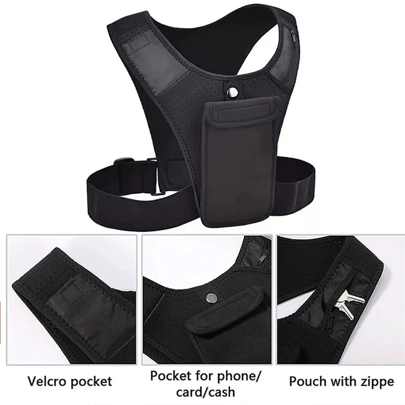 Black tactical vest with a phone pocket on a white background