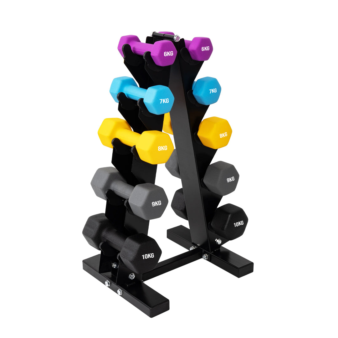 Compact Neoprene Dumbbell Rack – 3/5 Tier Vertical Steel Stand for Vinyl & Neoprene Weights – Home Gym Space-Saving Storage Solution