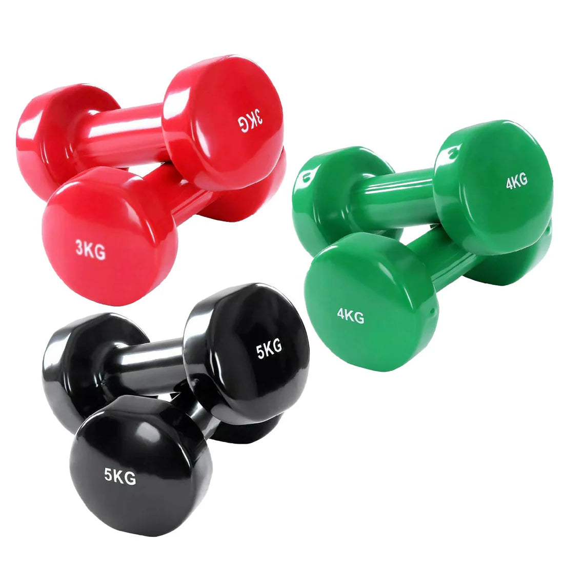 Set of colorful dumbbells on a white background