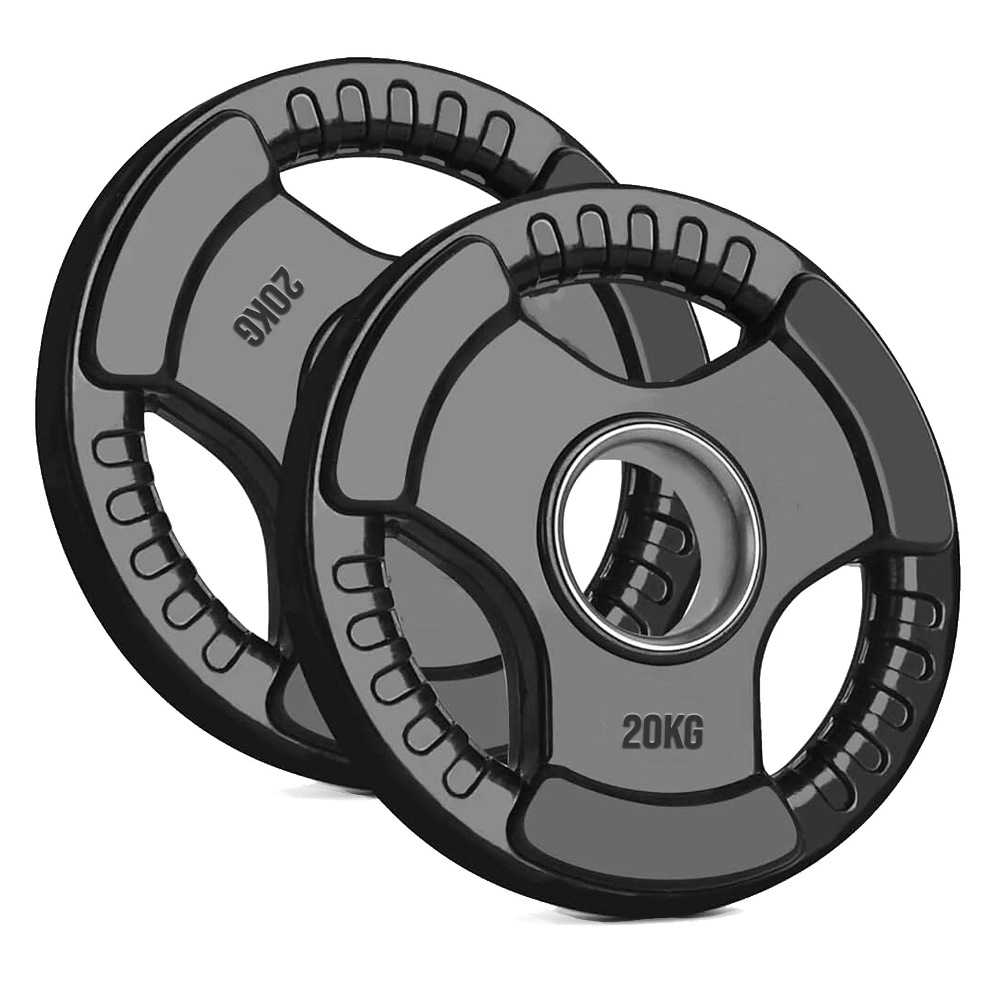 Two 20kg weight plates on a white background
