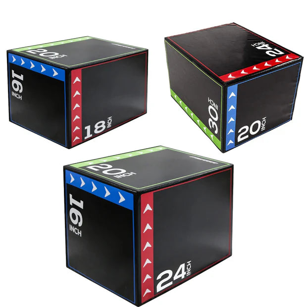 Set of black exercise cubes with varying sizes and measurements on a white background