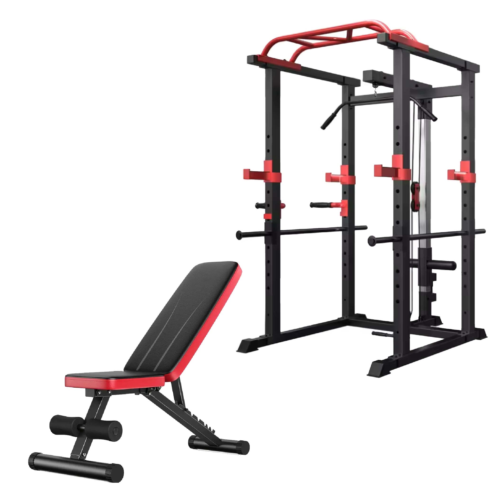 Heavy-Duty Adjustable Power Rack with Lat Pulley & Pull-Up Bar – All-in-One Strength Cage for Full-Body Training in Home Gyms