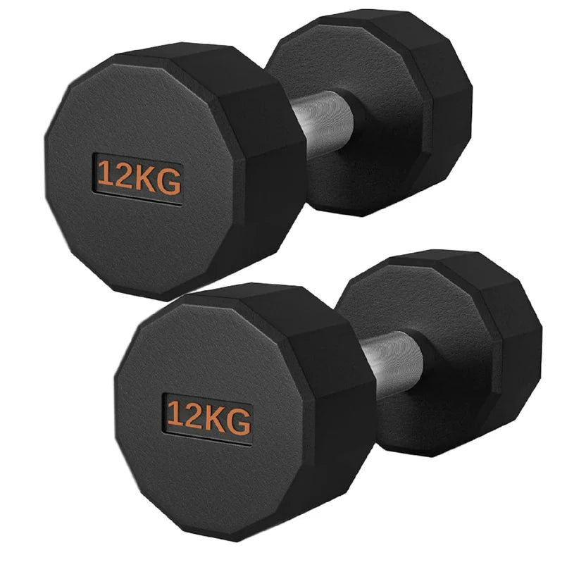 Pair of black hexagonal dumbbells with '12KG' marking on a white background