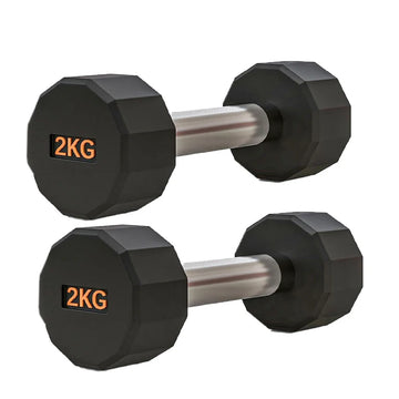 Pair of black hexagonal dumbbells with '2KG' marking on a white background