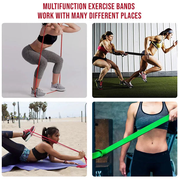 Multifunction exercise bands being used by people in various settings.