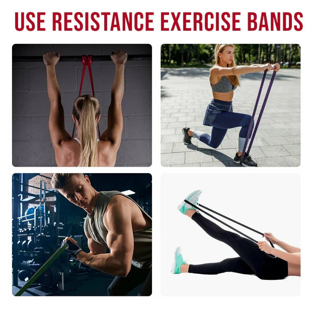 Four images showing people using resistance exercise bands in various exercises.