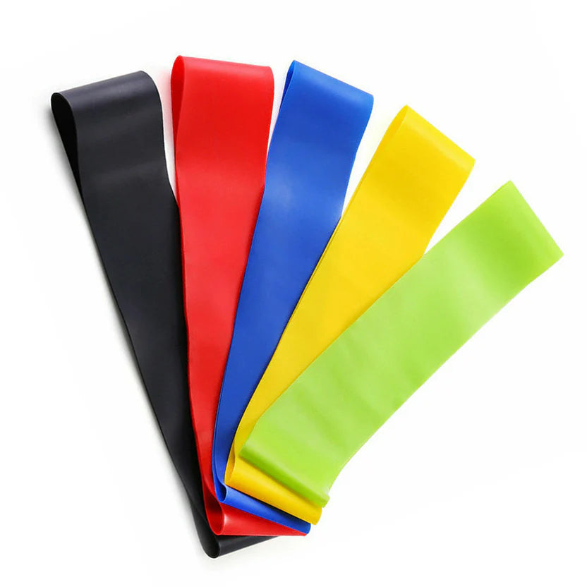 Three resistance bands in green, yellow, and blue on a white background