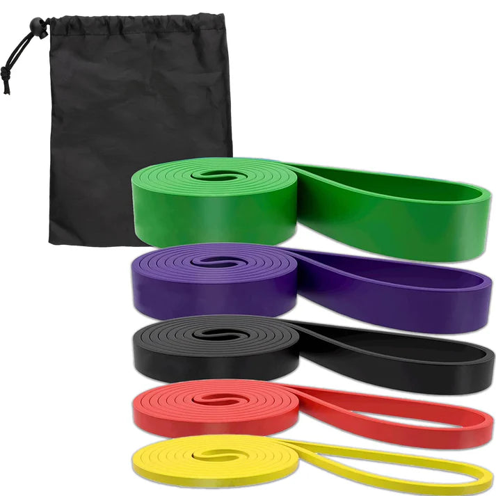 Set of resistance bands in various colors with a black drawstring bag on a white background