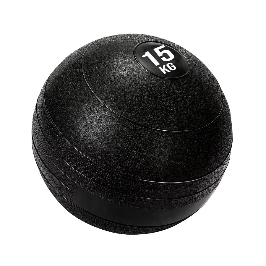 Black exercise ball with '15 KG' label on a white background